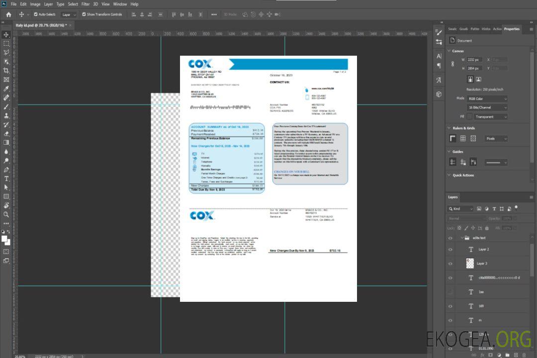 Facture d'entreprise de services publics COX, page 1, SCR template